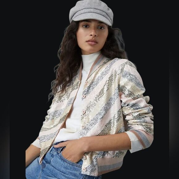 Sale 🔥Anthropologie Bl-nk London Sequin Jacket in Pink and Silver. Size L - Picture 1 of 12